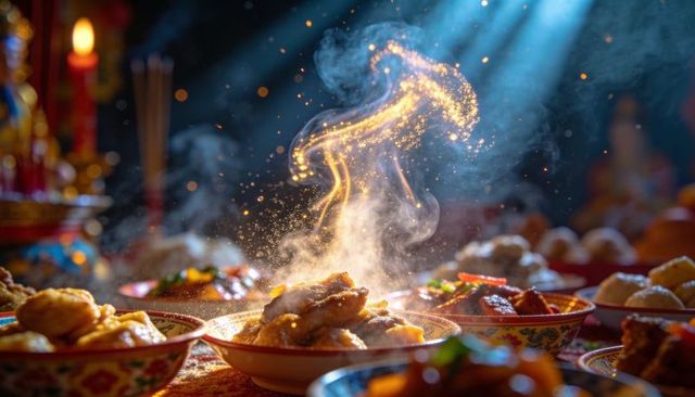 Steaming ritual feast with shimmering golden smoke over ornate ceramic bowls, candlelight offering
