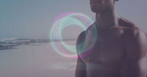 Shirtless Man on Beach with Neon Pastel Glow and Ocean View