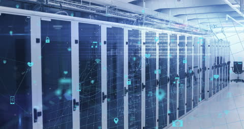 Futuristic Data Center with Digital Computer Interfaces