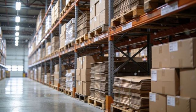 Industrial warehouse racking storing stacked cardboard boxes and flat cartons on pallets