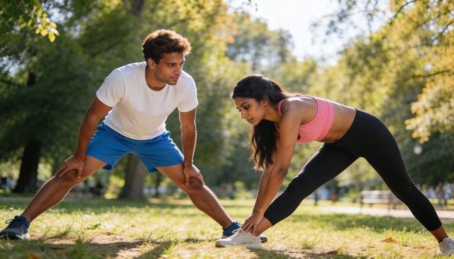 Partners stretching on sunlit park grass warming for outdoor workout, fitness and health