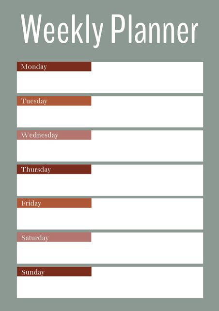 Minimalist weekly planner template with days of the week listed and blank spaces for notes or tasks. Useful for organizing daily activities, planning weekly goals, and maintaining productivity. Ideal for personal use, office settings, student scheduling, or as part of a professional planner package.