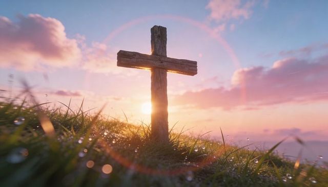 Weathered wooden cross on dewy meadow at sunrise casting warm light and lens flare
