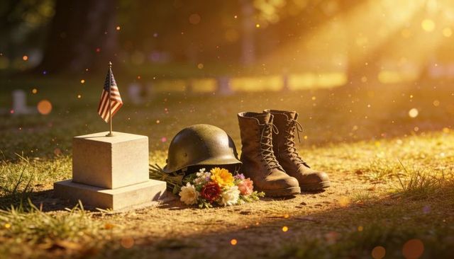 Sunlit military gravesite with helmet, boots and flag honoring fallen veterans at sunrise