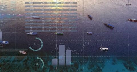 Marine boats overlaid with stock market analytics