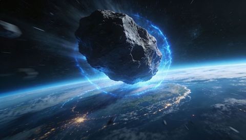 Jagged asteroid hovering over earth with electric blue plasma halo and city lights