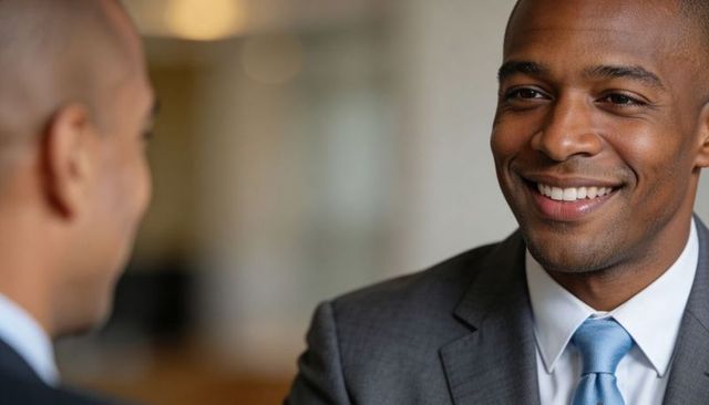Smiling african american businessman in gray suit and light blue tie engaging conversation