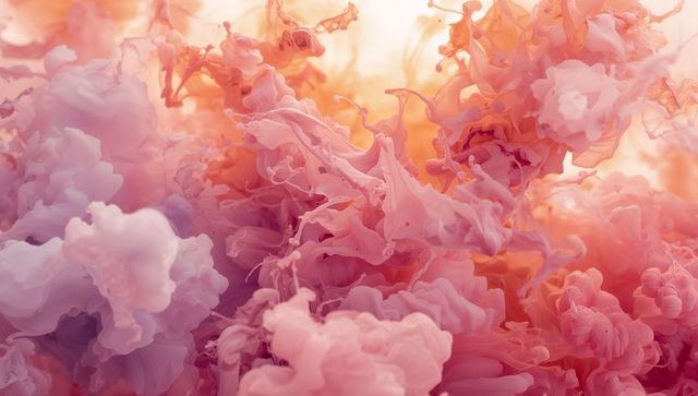 Swirling pastel ink clouds creating ethereal fluid waves in luminous gradient macro