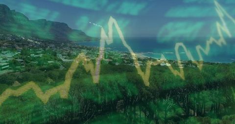 Financial Data Overlay on Coastal Bay Landscape with Hills
