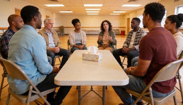 Facilitator leading community support circle around folding table with tissues