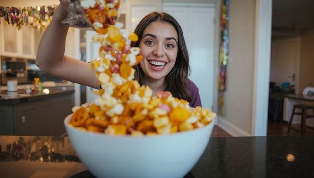 Young woman pouring popcorn and party snacks into white bowl at kitchen counter smiling
