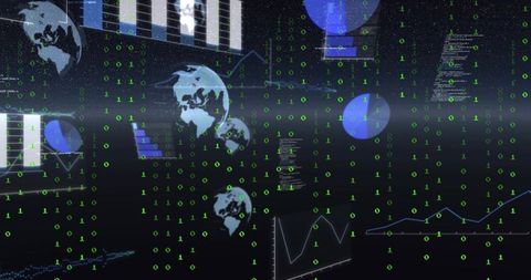Holographic global data visualization with binary code, charts, maps and analytics panels
