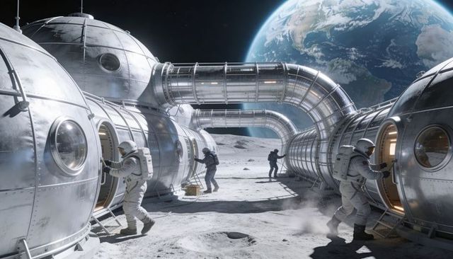 Moon Base Crew Working on Modular Habitat with Earth Rising Over Lunar Horizon