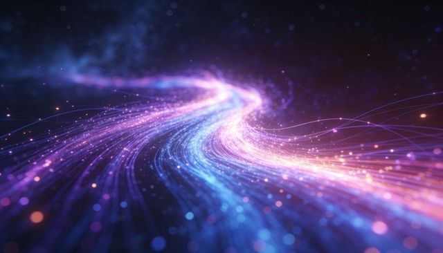 Flowing luminous light stream arcing through cosmic void with neon particles and bokeh