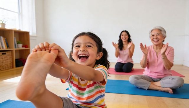 Laughing child stretching foot in multigenerational family yoga with mother and grandmother