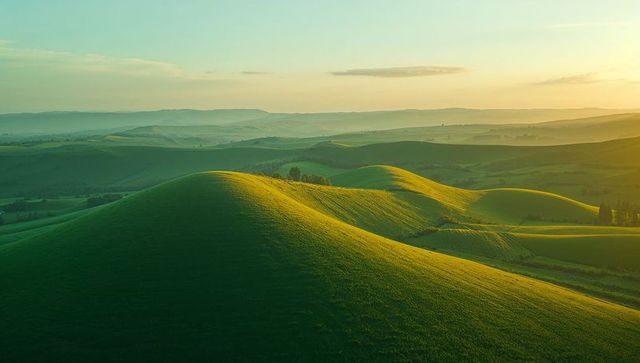 Rolling Green Hills Under Golden Light with Tree Clusters