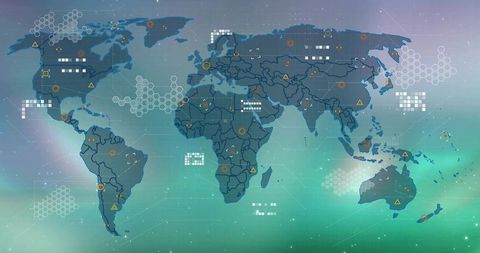 Futuristic Digital World Map with Data Visualization Interfaces