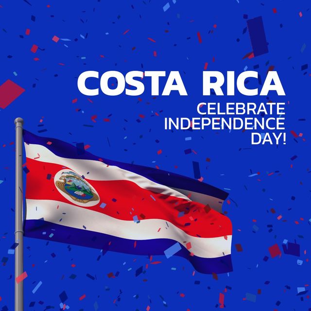 Confetti over costa rica independence day text banner and waving costa rica flag on blue background. Costa rica independence awareness and celebration concept