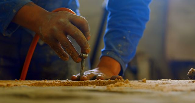 Showing woodworker's hands using a power tool in a workshop with sawdust. Ideal for illustrating concepts of manual labor, woodworking craftsmanship, and artisan skills. Suitable for use in articles, flyers, or advertisements related to carpentry, home DIY projects, and educational content on woodworking techniques.