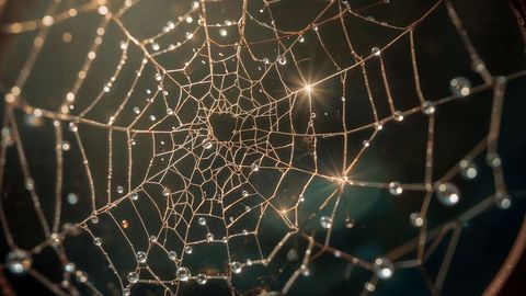 Glistening spider web illuminated by morning dew droplets
