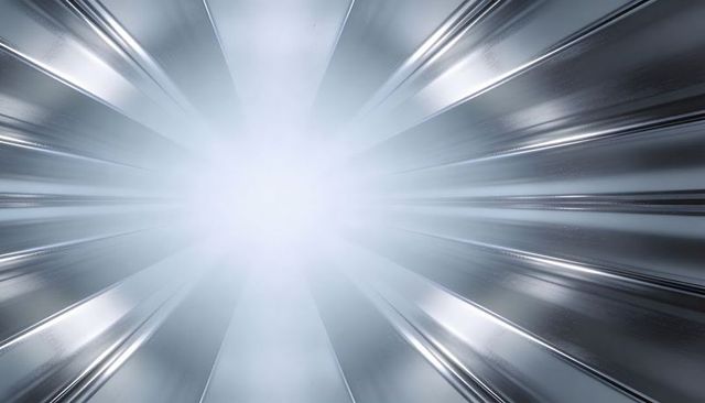 Futuristic metallic tunnel, radiant light, reflective panels, symmetrical perspective