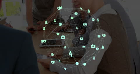 Digital Network Icons Overlay on Business Team Discussing Strategy