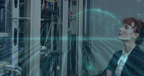 Tech Professional Analyzing Server with Digital Overlay Globe