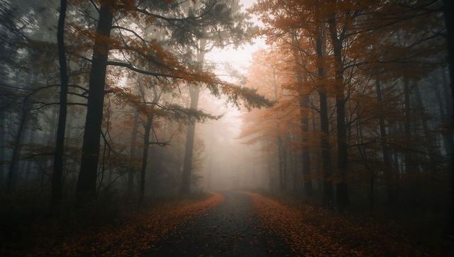 Misty autumn path in serene woodland landscape