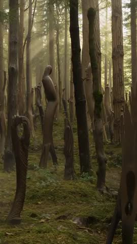 Moving Through Mossy Forest Revealing Elongated Wooden Totems Vertical Video