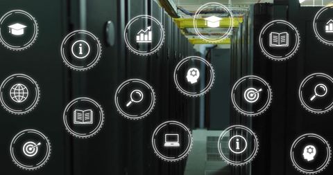 Digital Icons Hovering Over Server Racks Indicating Data Processing - Download Free Stock Images Pikwizard.com
