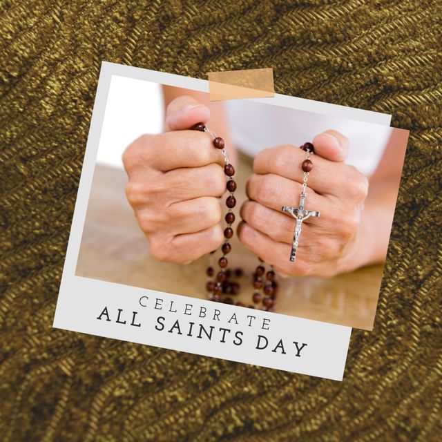 Composition of celebrate all saints day text with hands holding rosary over beige background. All saints day and celebration concept digitally generated image.