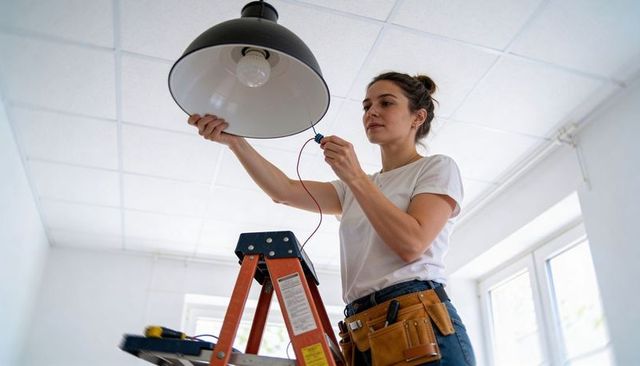 Woman installing pendant light on ladder wearing tool belt during home renovation and wiring fixture