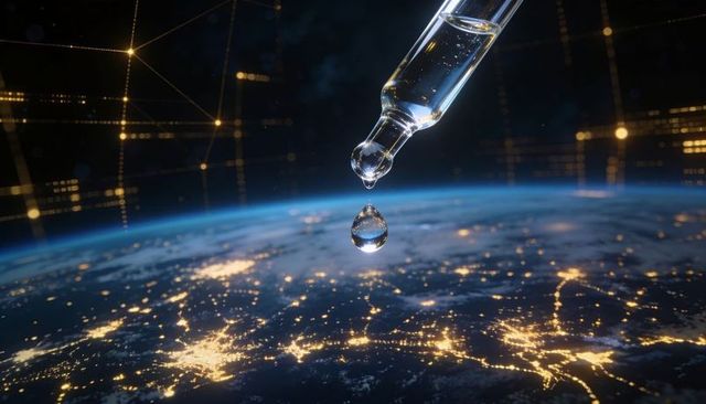 Global water technology concept dripping glass dropper above illuminated earth network