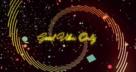 Good vibes only neon sign with colorful confetti background