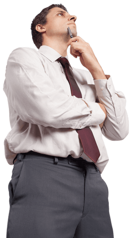 Thoughtful businessman holding pen against transparent background
