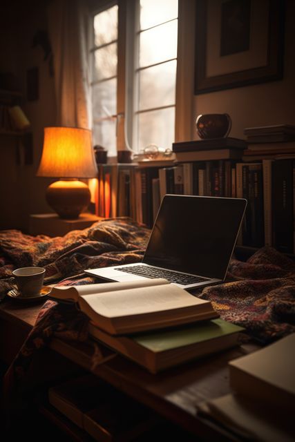 Laptop on table with blanket and books in cosy room, created using generative ai technology. Technology, education, digitally generated image.