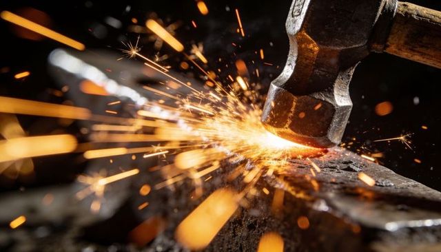Industrial forge sparks: hammer striking hot steel on anvil, flying embers and heat