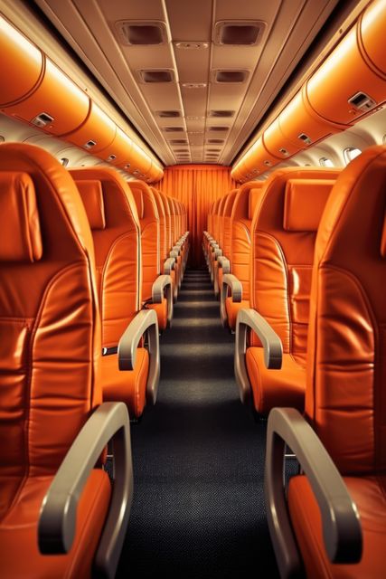 Interior of airplane with empty orange seats, created using generative ai technology. Airplane, travel and transport concept digitally generated image.