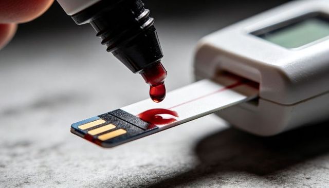 Macro glucose test strip collecting blood droplet on reactive pad with lancet and meter