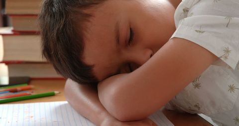 Young Schoolboy Sleeping on Desk in Classroom - Download Free Stock Images Pikwizard.com
