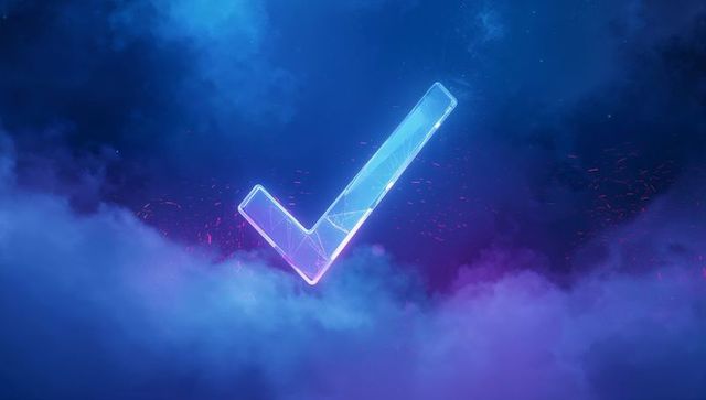 Glowing check mark in ethereal nebula with fractal details