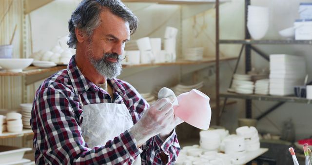 Male Ceramic Artist Working in Studio Painting Pottery - Download Free Stock Images Pikwizard.com