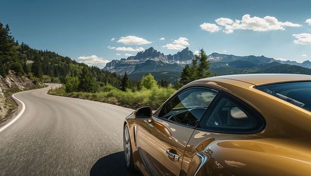Gold sports coupe carving winding alpine road with pine forest and snow-capped peaks