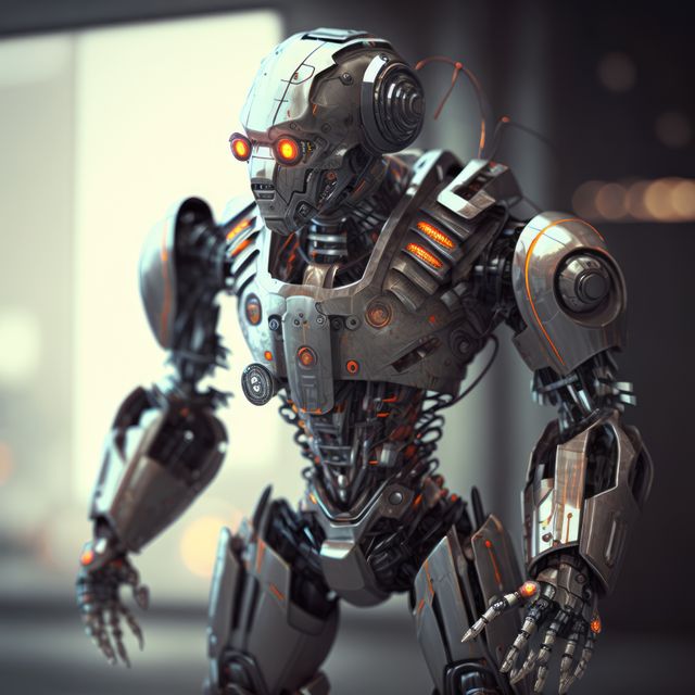 Silver human robot with red eyes in city, created using generative ai technology - Download Free Stock Photos Pikwizard.com