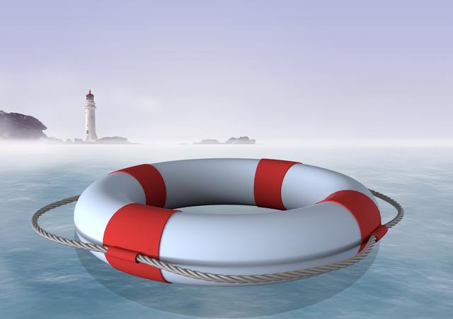 Lifebuoy floating on calm water with a lighthouse in the background. Ideal for themes related to maritime safety, rescue operations, and coastal environments. Suitable for use in educational materials, safety training, and promotional content for maritime services.