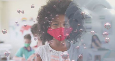 Schoolgirl in Mask with Floating Covid-19 Cells