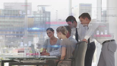 Business Team Analyzing Data with Futuristic Financial Displays