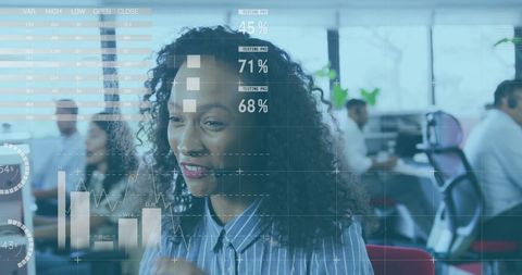 Businesswoman Engaging in Global Communication with Digital Interfaces