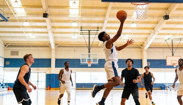 Leaping basketball player attempting layup during pickup game in bright school gym