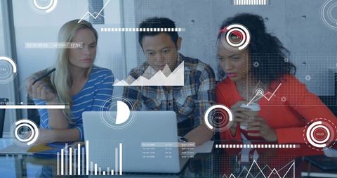 Team Collaborating on Data Analytics with Interactive Charts and Laptop Visualization
